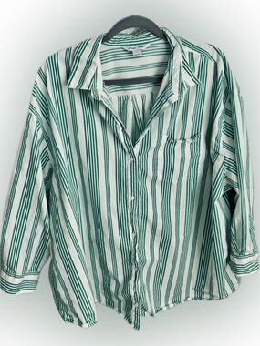 Old Navy Boyfriend Shirt 2X Green White Striped Cotton Button Down